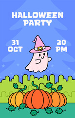 Obraz premium Halloween party poster featuring a smiling cartoon ghost in a witch hat above pumpkins in a green field with a starry blue sky for event invitations, party flyers, festive decorations, and seasonal