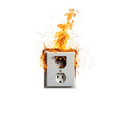 Electrical outlet engulfed in flames, a dangerous short circuit depicted