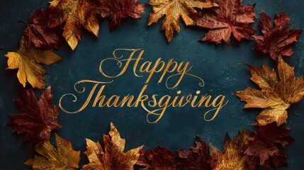 Elegant happy thanksgiving greeting surrounded by a wreath of autumn fall leaves in rich warm colors