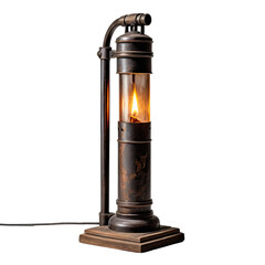 Steampunk-style lamp with exposed wiring, glowing flame, rustic look