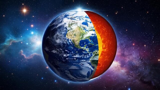 Earths cutaway view Blue oceans green continents and vibrant glowing internal layers red mantle orange outer core and yellow inner core depicted against luminous star-filled cosmic background