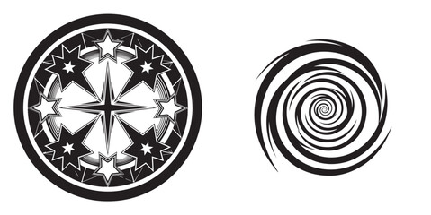 Black and White Vector Illustrations of a Star Emblem and Hypnotic Spiral