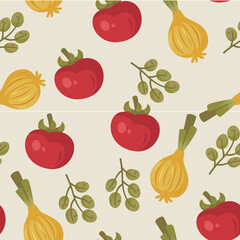 Seamless Pattern of Red Tomatoes Golden Onions and Green Sprigs on a Beige Background Farm Fresh Vegetable Pattern Backdrop Illustration