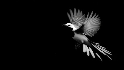 Obraz premium A white-faced bird with spread wings is in flight against a black background
