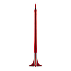 Fototapeta premium Sleek red metallic rocket soaring, isolated on black