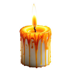 Lit candle with melting wax, warm light, isolated on black