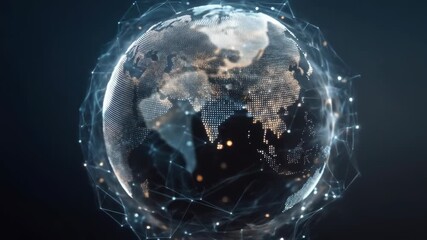 Dotted earth globe surrounded by connected nodes and network - Powered by Adobe