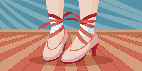 Obraz premium Illustration of Pointe shoes of ballet dancer's feet decorated with red or pink ribbon graphics, with a stage background for dance preparation, as a Digital art of Classical Ballet Footwear