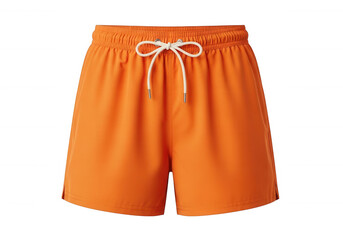 Bright orange swim shorts with white drawstring isolated on a transparent background