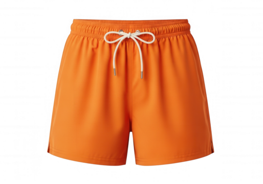 Bright orange swim shorts with white drawstring isolated on a transparent background