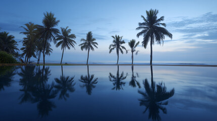 Naklejka premium Calm beach at dawn with soft blue water reflecting the first light of the morning