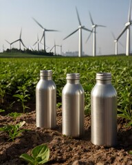 Eco-Friendly Aluminum Bottles in Green Field with Wind Turbines – Sustainable Packaging and Renewable Energy Concept