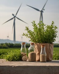Eco-Friendly Aluminum Bottles in Green Field with Wind Turbines – Sustainable Packaging and Renewable Energy Concept