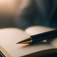 A sophisticated pen rests gracefully on the open pages of a notebook. The elegant pen, captured in exquisite detail, lies ready to capture thoughts, ideas.
