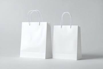 Two plain white paper shopping bags with handles are displayed against a neutral gray background.