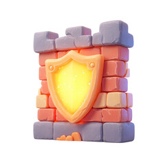 Castle shield icon with wall defense, and brick fortress.