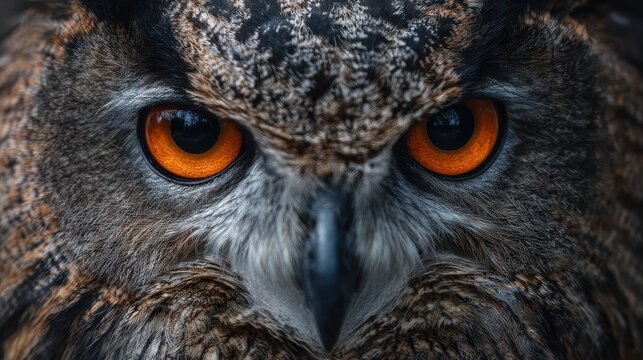 Close up of an owl with striking orange eyes