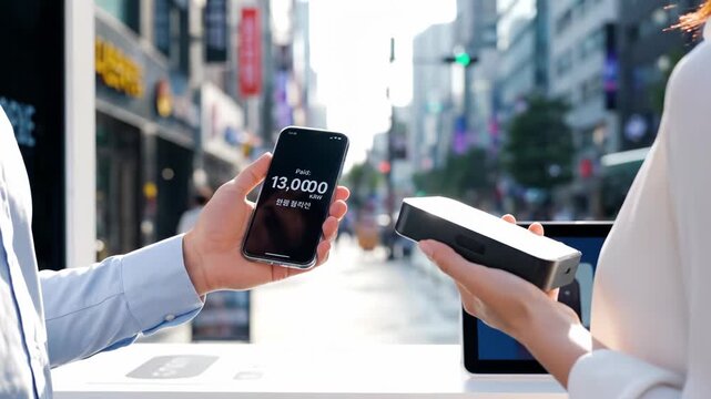 Close-up of a person using a smartphone for a cashless payment in a bustling city street.