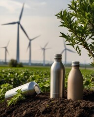 Eco-Friendly Aluminum Bottles in Green Field with Wind Turbines – Sustainable Packaging and Renewable Energy Concept