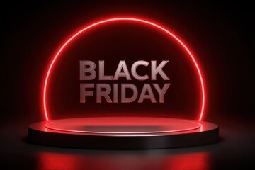Dramatic black friday sale announcement with glowing red neon arch and spotlighted product display podium