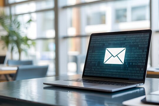 Modern laptop displaying a digital envelope icon on its screen symbolizing email communication and digital correspondence in a contemporary office environment with blurred background