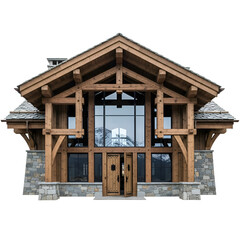 Rustic Wooden Home Facade Features Stone Base, Large Windows, and Open Doors on Black