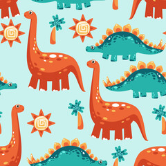 Seamless Pattern with Orange Brontosaurus and Green Stegosaurus on Light Blue Background with Sun and Palm Tree Cartoon Illustration