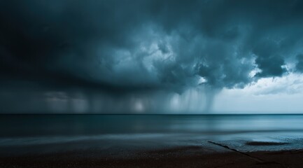 Dark storm clouds unleash heavy rain over a calm ocean surface