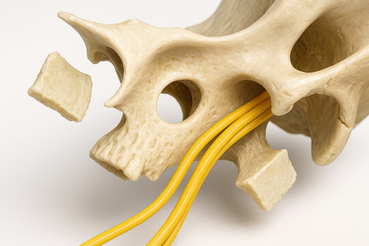 Medical illustration of a human sacrum bone model with sciatic nerve fibers