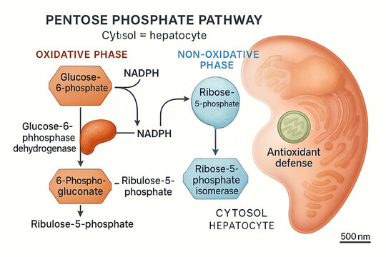 Schematic illustration of the Pentose Phosphate Pathway in a hepatocyte cytosol, detailing the oxidative and non-oxidative phases and its role in antioxidant defense.