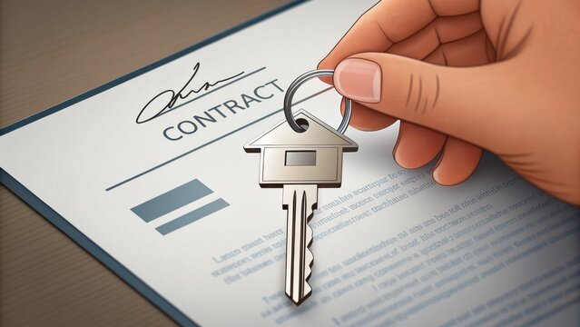 first time homebuyer loan house concept. New home contract with keys being handed over. - Powered by Adobe