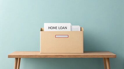 first time homebuyer loan house concept. Cardboard box on a table with home loan documents displayed.