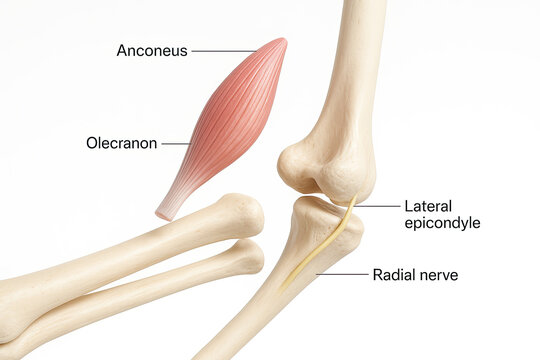 Detailed illustration of the Anconeus muscle, Olecranon, Lateral epicondyle, and Radial nerve in the human elbow joint.