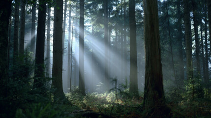 Obraz premium Calm forest morning with mist hanging between the trees under soft light
