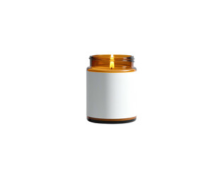 Lit candle in amber glass jar with a blank white label, set against black