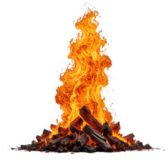 Burning bonfire with bright orange flames against a black background