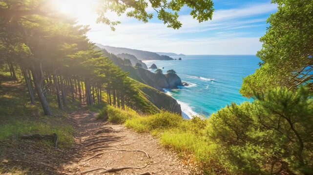 sun-drenched path with exposed roots weaves through lush forest leading to stunning coastal panorama Steep green cliffs meet turquoise ocean with crashing waves and distant rocky points