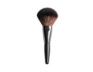 A makeup brush with dark bristles and a shiny metal handle isolated against black