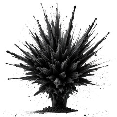 Abstract black explosion bursts from the ground. Spikes and particles fill space