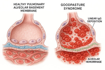 Medical illustration comparing a healthy pulmonary alveolar basement membrane to the affected structure in Goodpasture syndrome, showing linear IgG deposition and alveolar hemorrhage.