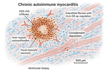 Illustration of chronic autoimmune myocarditis in a ventricular biopsy, showing cellular infiltrate, antibodies, and tissue damage.