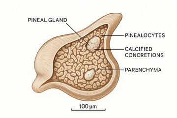 Anatomical illustration of a pineal gland cross-section, detailing pinealocytes, calcified concretions, and parenchyma.
