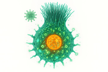 Microscopic view of a green, spiky virus or bacterium with an orange nucleus and cilia, with a smaller virus particle in the background.
