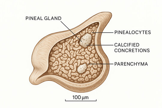 Anatomical illustration of a pineal gland cross-section, detailing pinealocytes, calcified concretions, and parenchyma.