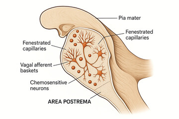Anatomical illustration of the Area Postrema, highlighting chemosensitive neurons, vagal afferent baskets, and fenestrated capillaries, part of the brainstem.