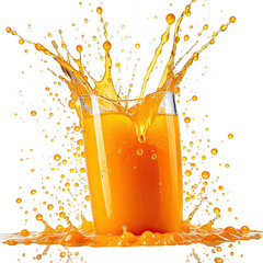 Bright orange juice splashes dramatically from a clear glass
