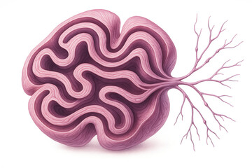 Abstract illustration of a brain-like structure with branching veins, rendered in shades of pink and purple.