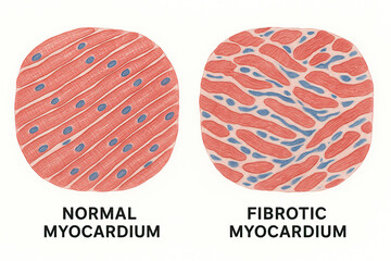 Microscopic comparison of normal and fibrotic myocardium, illustrating cardiac muscle tissue differences.