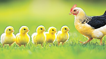 Charming mother hen and her adorable chicks green pasture nature photography bright day close-up family bonding