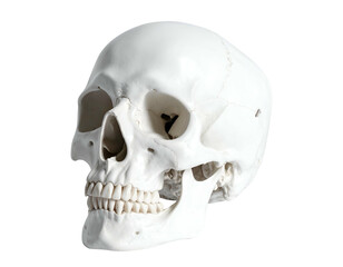 A human skull, rendered in detail, isolated on a black background